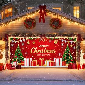 B0fl7lpzf6 Ivn 13x6ft Christmas Garage Door Cover Decoration Trees Gifts Bells Red Festive