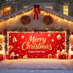 B0fl7qryq6 Ivn 13x6ft Christmas Garage Door Cover Gold Lettering Confetti Bells Gifts