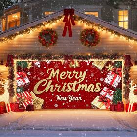 B0fldl292m Ivn 13x6ft Christmas Garage Door Cover Red Glitter Gifts Snowflakes Bells