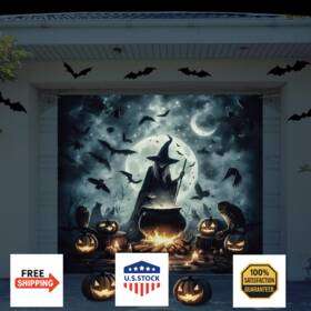 B0ddq21mz9 Preboun 7x8 Ft Halloween Garage Door Cover Decorations Witch Cauldron Banner