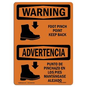Signmission 709750443425 Osha Waring Sign - Foot Pinch Point Keep Back Bilingual Aluminum Pro