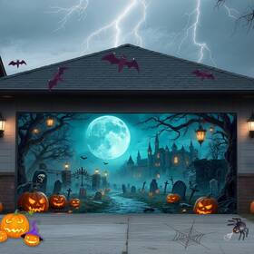 B0fkn5gvq6 Ttchang Halloween Garage Door Cover Banner 16x7ft Large Haunted Cemetery Backdro